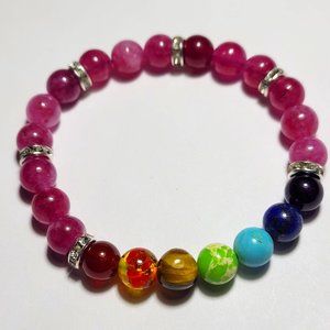 Natural Pink Amethyst and Chakra Crystal Beaded Bracelet 8mm 7 1/2"